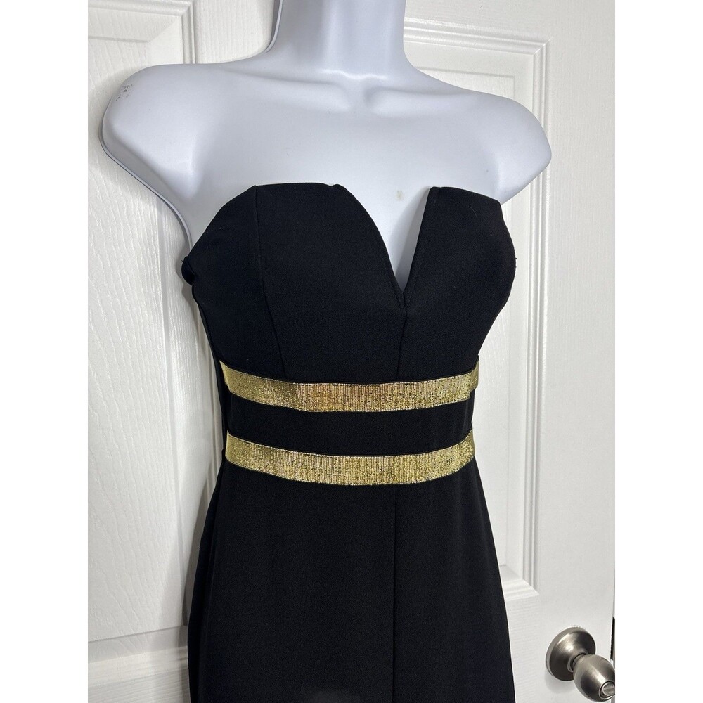 S Charlotte Russe Black Strapless Jumpsuit Gold Waist Wide Leg Formal